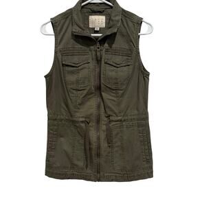 A New Day Women's XS Utility Vest Military Green Full Zip Pockets Tie Waist